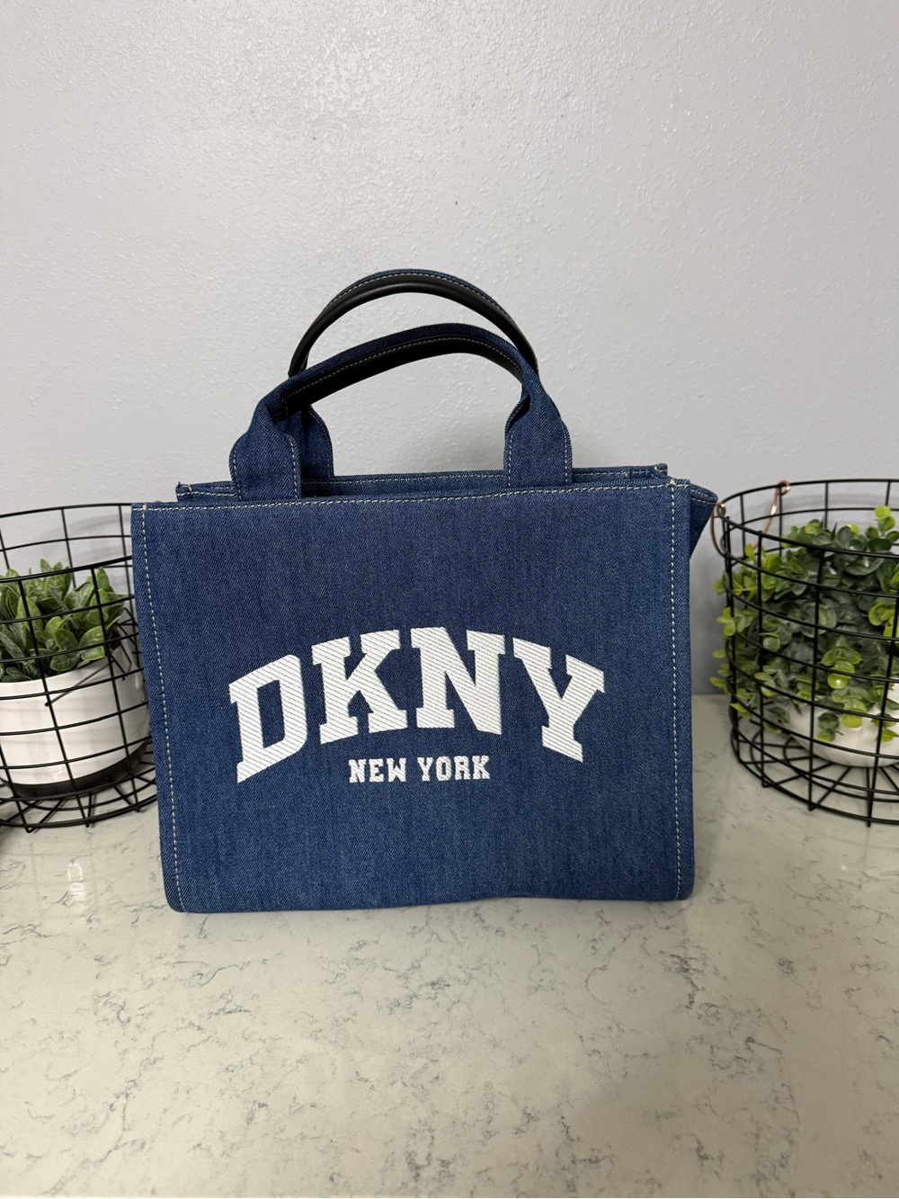 DKNY Denim Messenger Tote Bag - Blue with White Logo